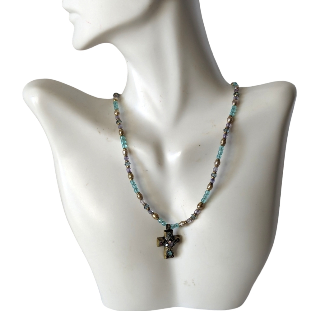 Vintage Michal Golan Handcrafted Semipreciius Stone Beads Ornate Cross Necklace
